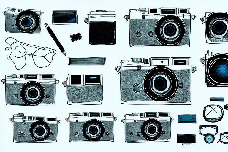 A fujifilm x100v camera with its various accessories