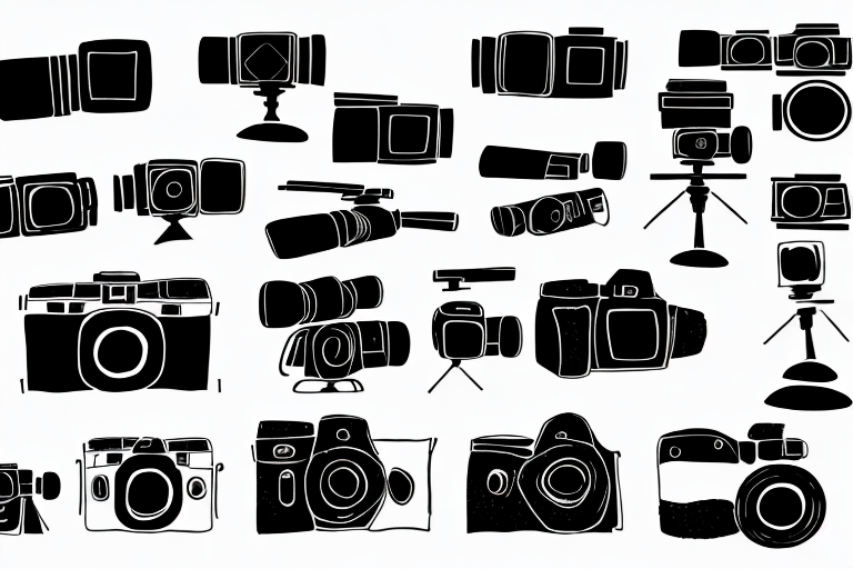 A variety of cameras set up on a tripod with a backdrop of a movie set