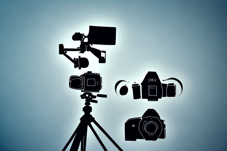 A camera set up for night photography in a dark outdoor setting