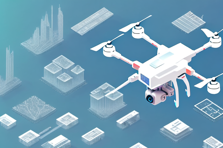A futuristic drone flying through a cityscape