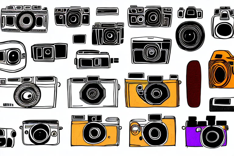 A variety of cameras in various colors and sizes