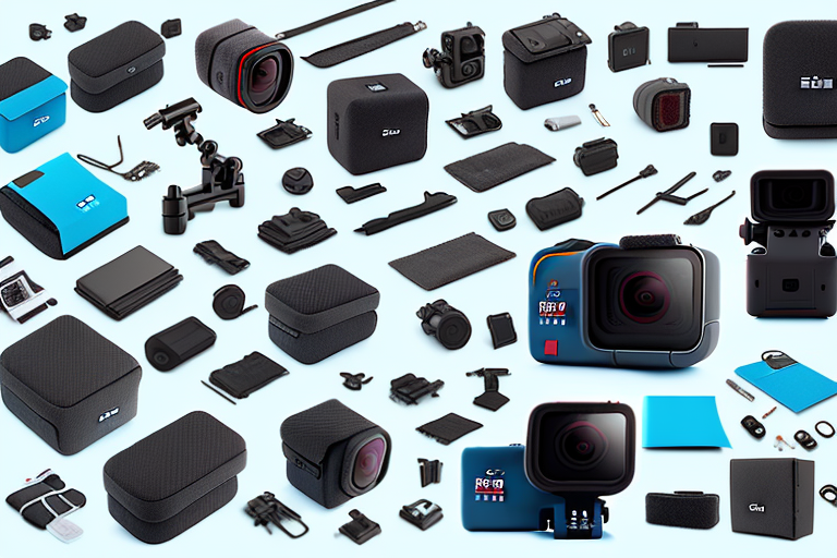 A gopro hero 11 camera with its accessories and components