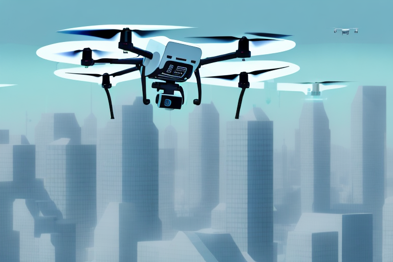 A high-tech surveillance drone flying in a cityscape