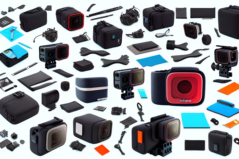 A gopro camera with its various accessories