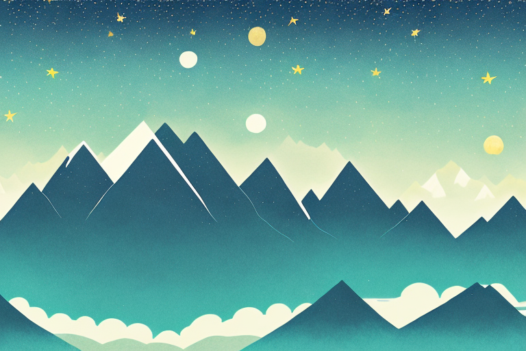 A mountain landscape with a lake and a sky full of stars