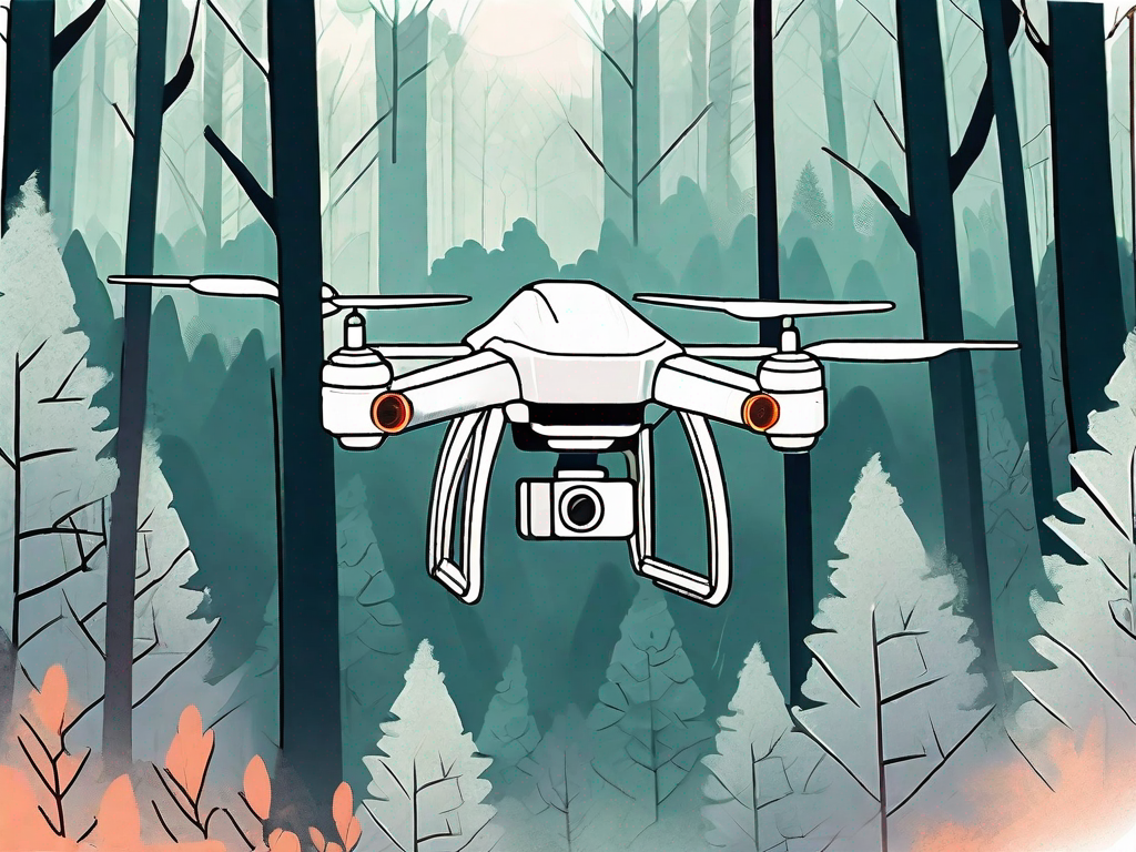 A high-tech drone flying over a dense forest