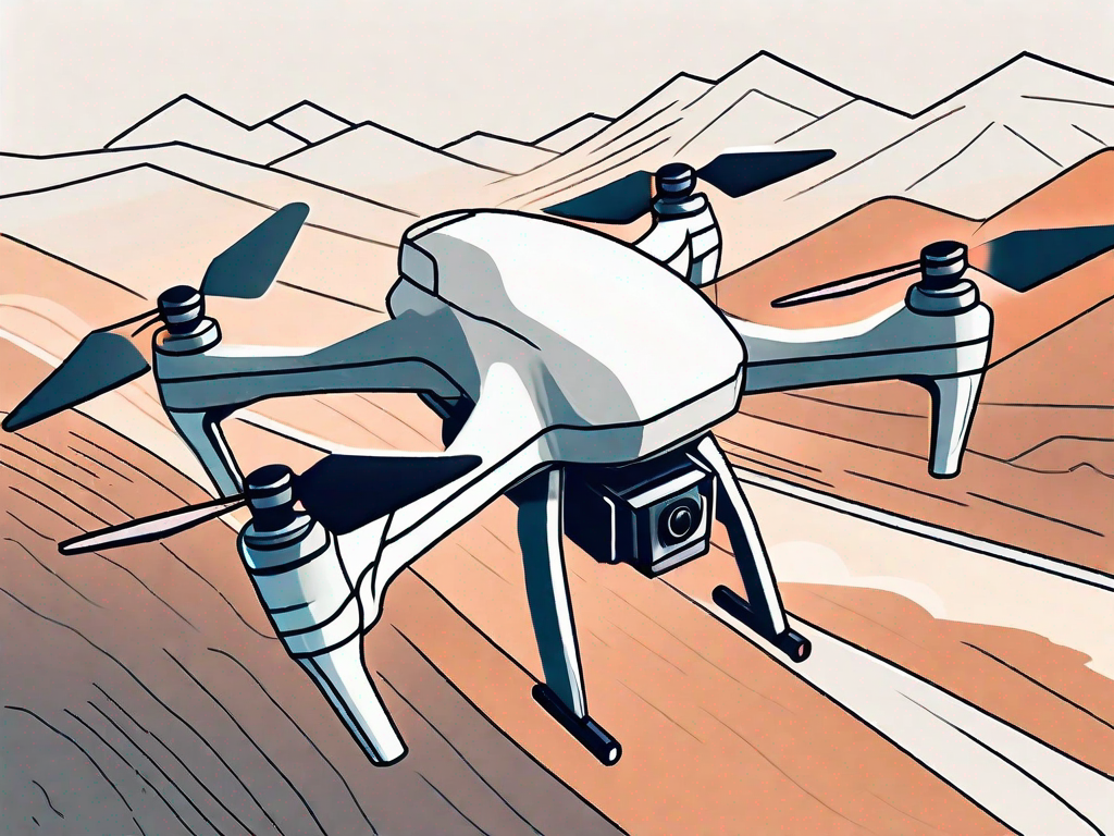 A sturdy drone flying steadily amidst strong winds over a landscape