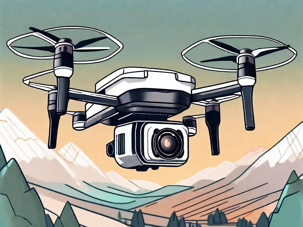 A high-quality camera drone hovering in the sky with a scenic landscape below