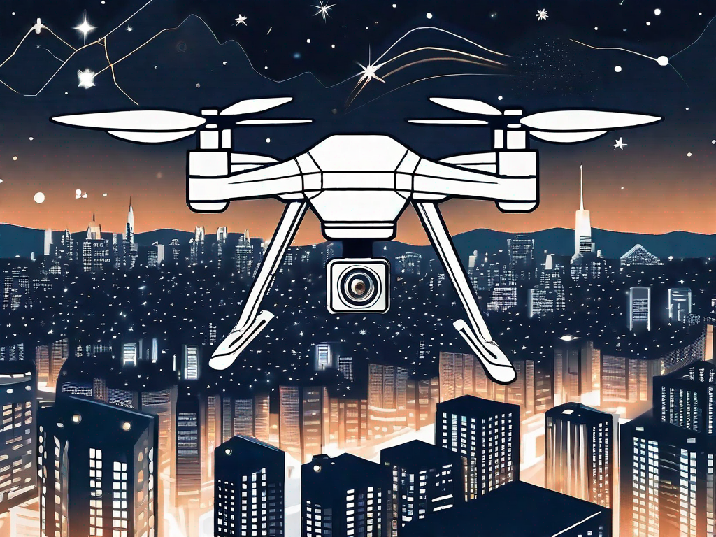 A high-tech drone flying over a cityscape at night