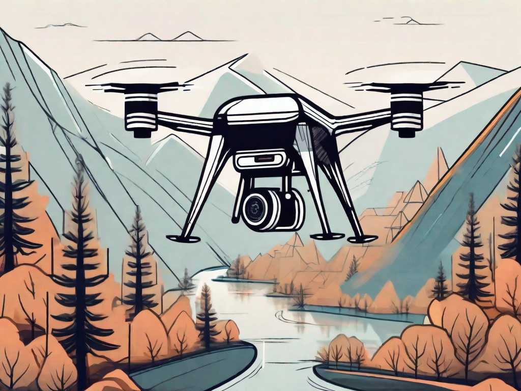 A high-tech drone hovering over a landscape of mountains and trees