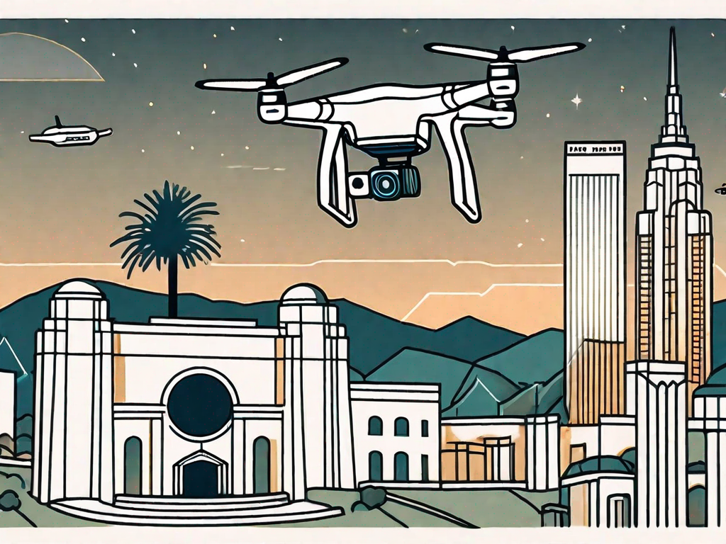 A drone flying over iconic los angeles landmarks like the hollywood sign