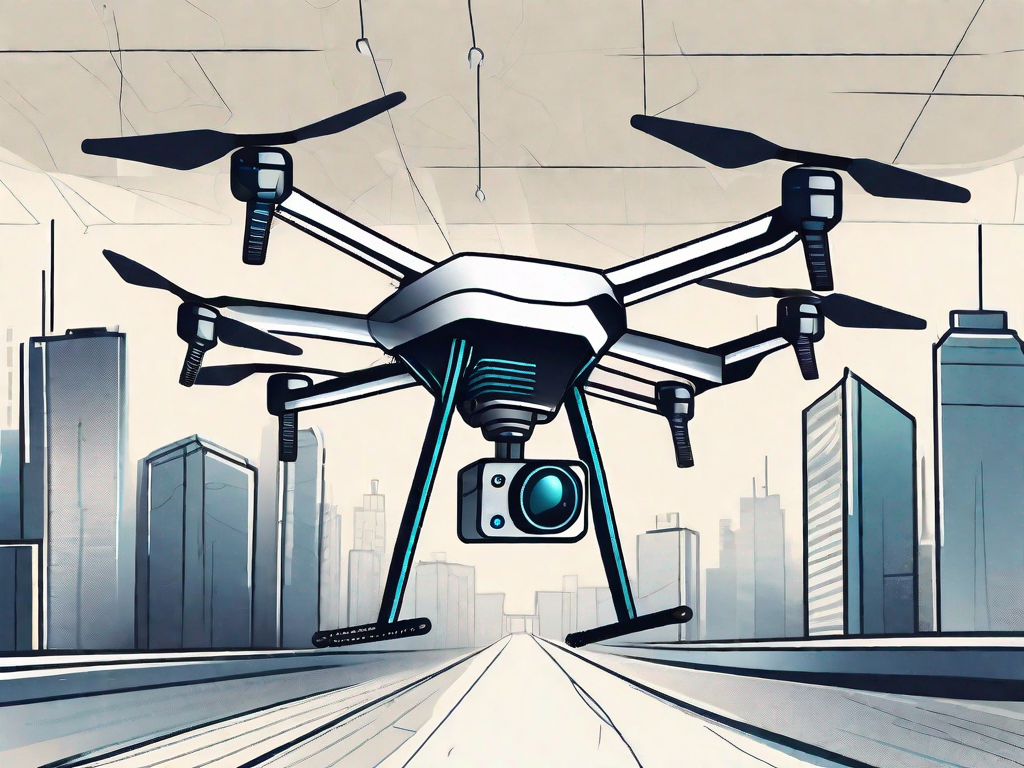 A high-tech drone hovering against a backdrop of the year 2024