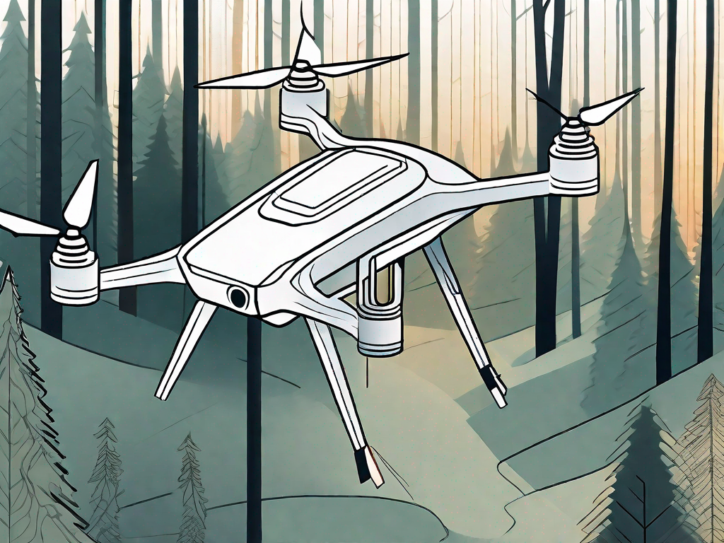 A high-tech drone hovering over a forest