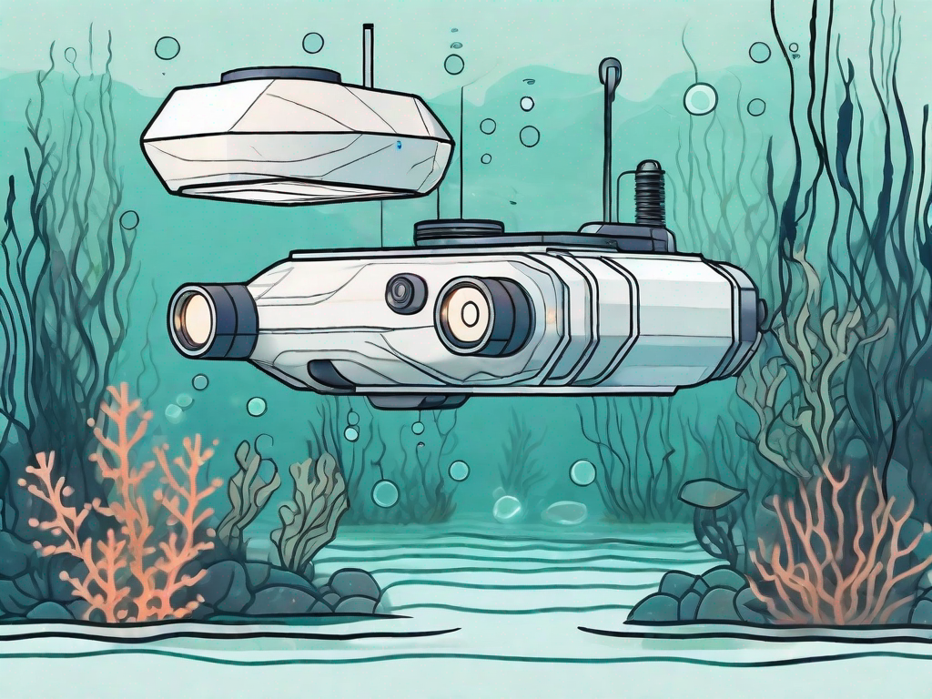 A high-tech underwater drone navigating through murky water