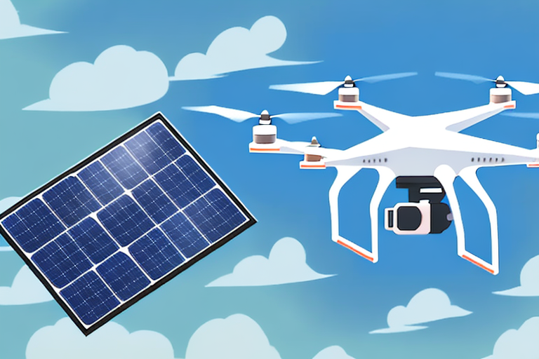 A drone flying over a solar panel array in a sunny sky