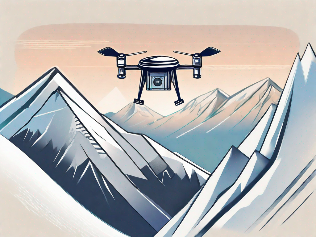 A high-tech drone flying over a snow-covered mountain with a snowboard left on the slope