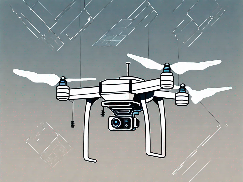 A high-tech drone hovering against a backdrop of a clear sky