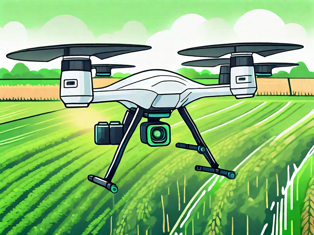A high-tech agricultural drone flying over a lush