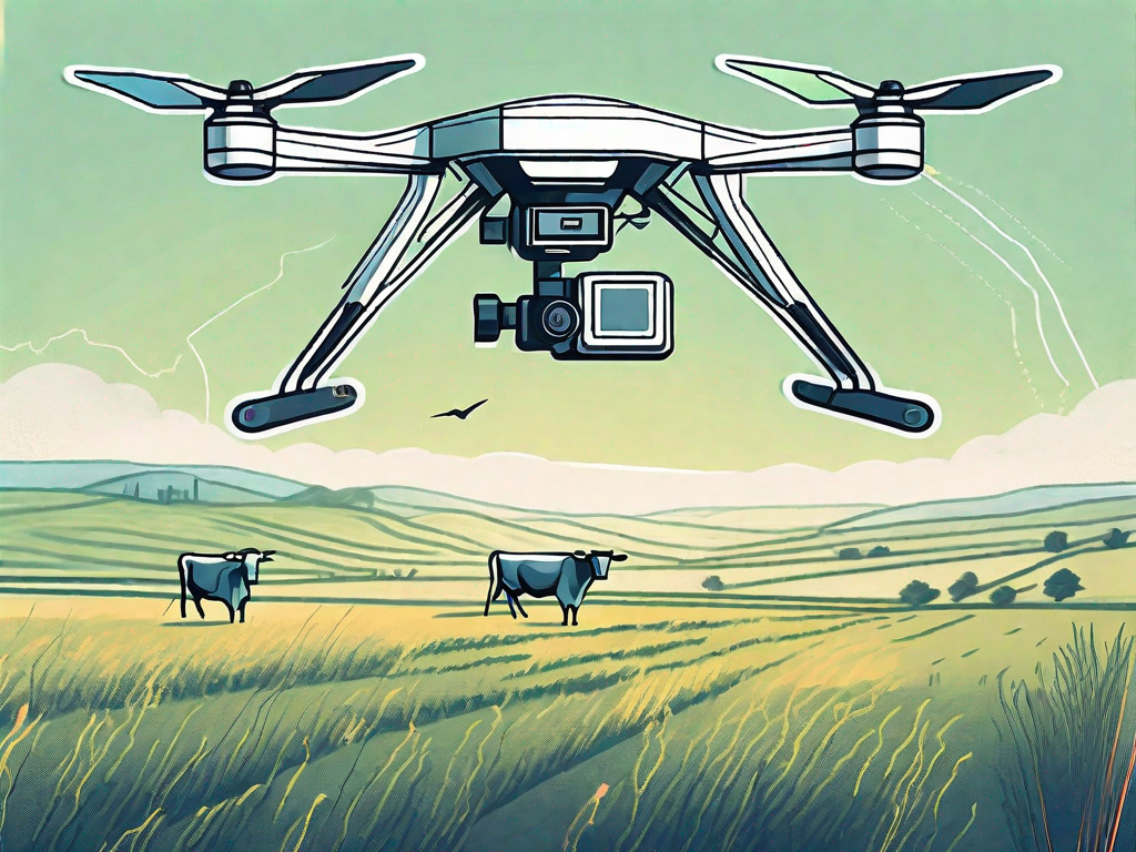 A high-tech drone flying over a vast field with grazing cattle