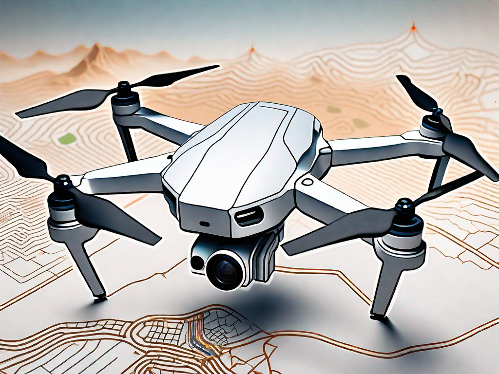 A high-tech drone flying over a detailed topographic map