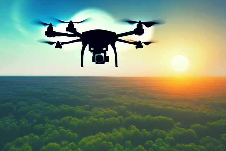 A drone flying over a landscape with a sunset in the background