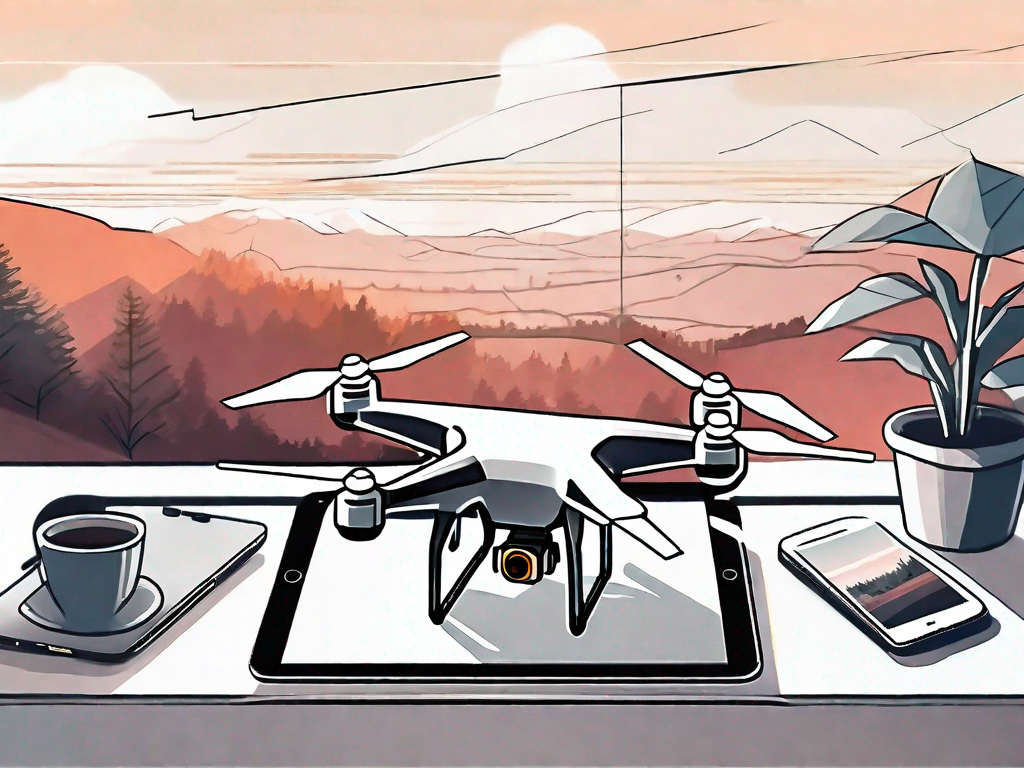 A high-tech tablet with a drone hovering above it
