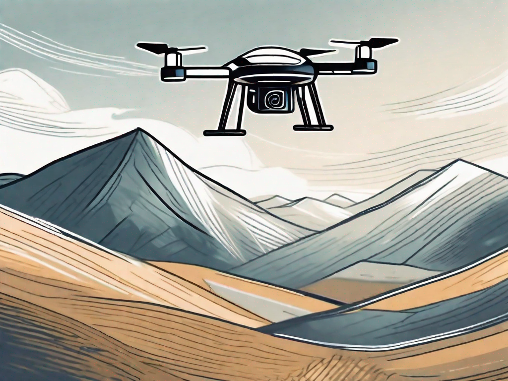 A sturdy drone navigating confidently through gusty winds over a landscape
