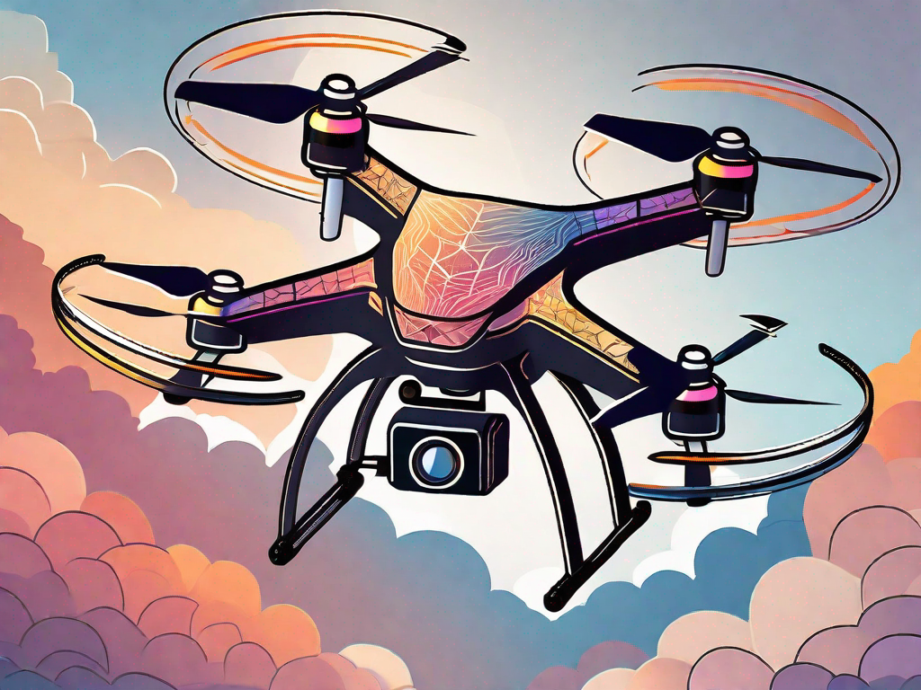 A high-quality drone in flight against the backdrop of a sky filled with various shades of sunset colors