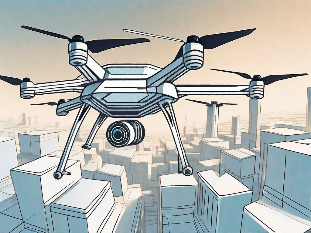 A high-tech drone navigating through a complex array of 3d obstacles in the sky