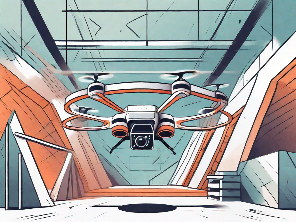 A sleek and modern fpv drone flying through an indoor obstacle course