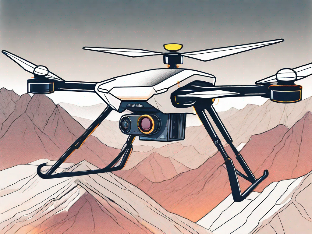 A high-tech drone flying over a rugged mountainous terrain