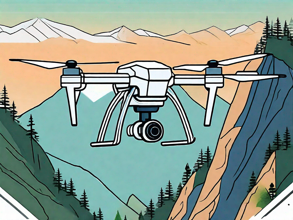 A high-tech drone flying over a rugged mountain trail with a lush forest and a clear blue sky in the background