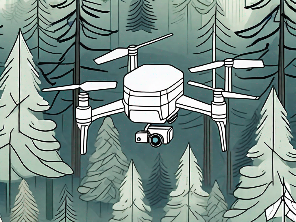 A high-tech drone flying seamlessly through a dense forest