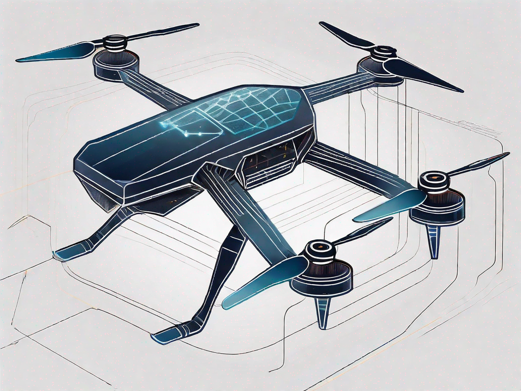 A high-tech programmable drone soaring in the sky with visible coding symbols and lines surrounding it