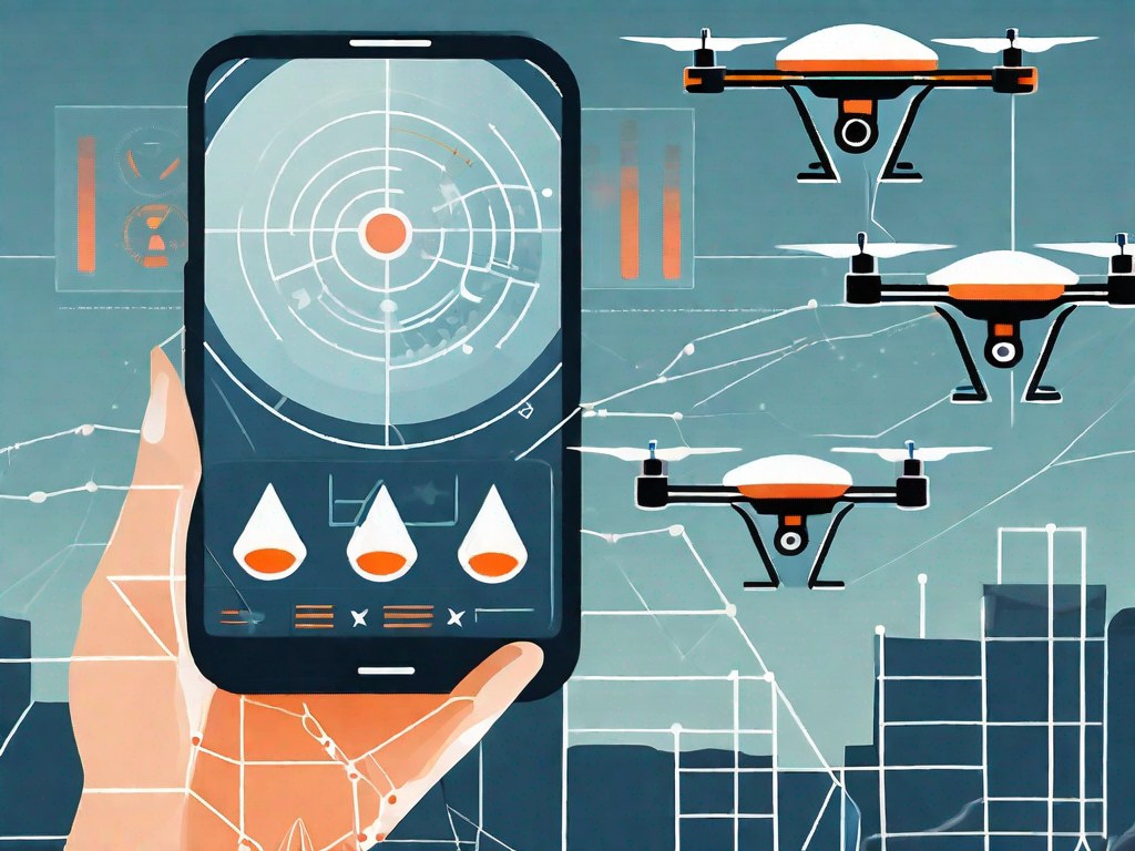 A smartphone displaying a radar screen with several drone icons