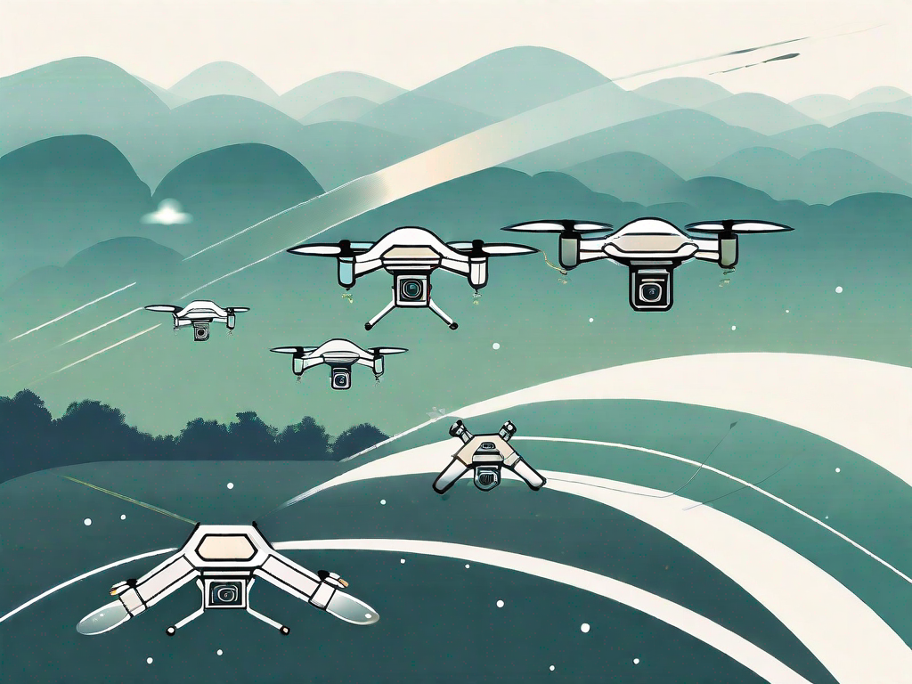 Several different types of drones flying over a landscape
