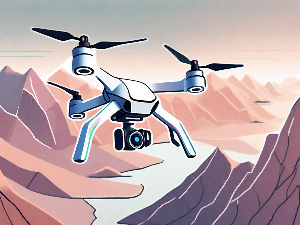 A high-tech drone flying over a scenic landscape