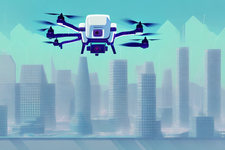 A futuristic drone flying over a city skyline