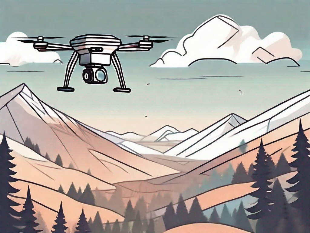 A lightweight drone hovering in the sky with a scenic landscape in the background
